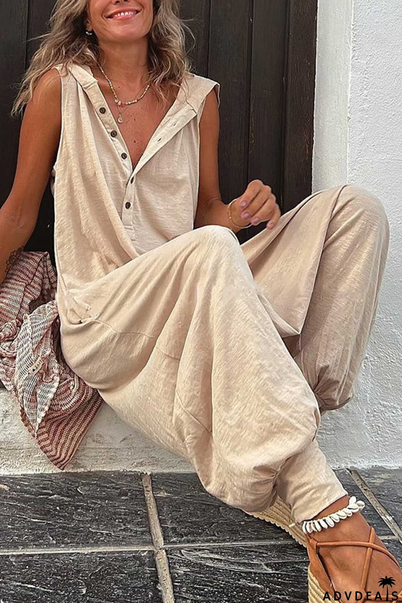 Single-breasted Sleeveless Hooded Jumpsuit