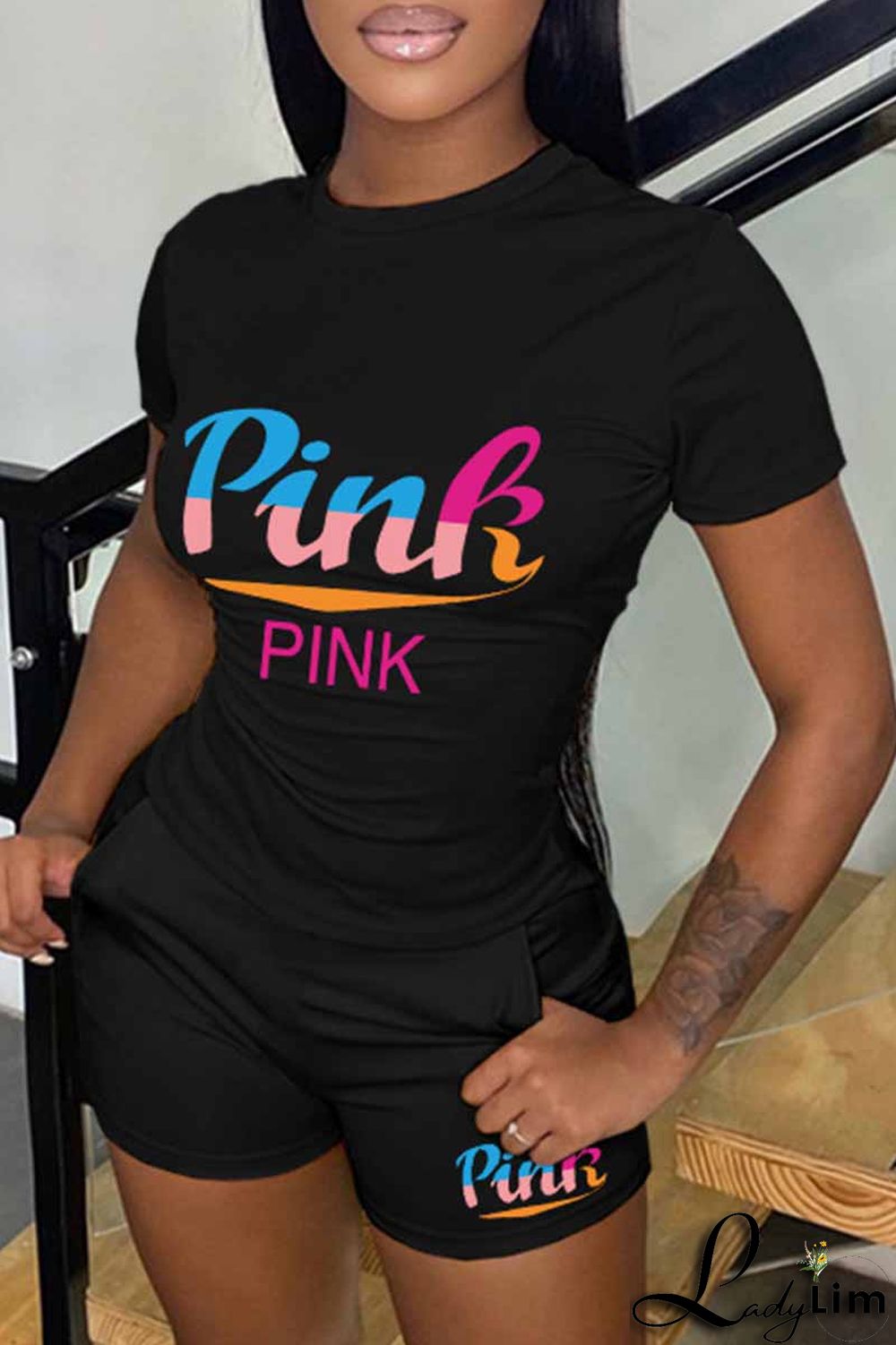 Pink Casual Print Letter O Neck Short Sleeve Two Pieces