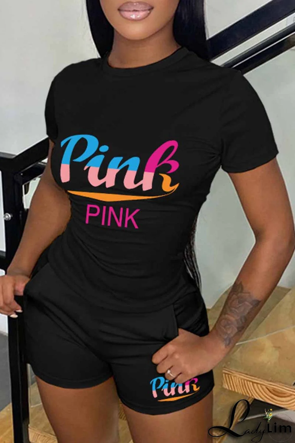 Pink Casual Print Letter O Neck Short Sleeve Two Pieces