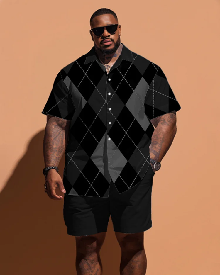 Men's Large Size Simple Diamond Plaid Short Sleeve Shirt Shorts Set