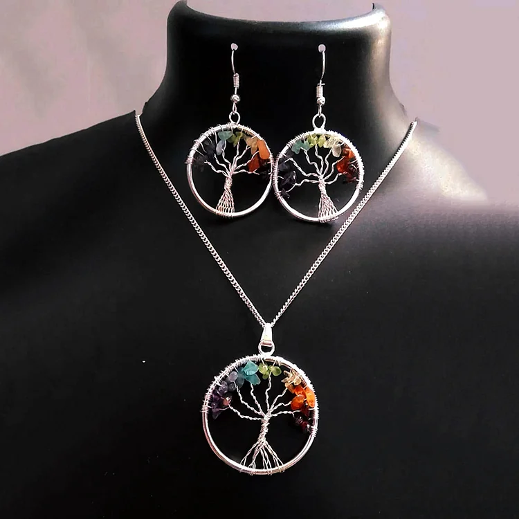Nordic Vintage Viking Tree Of Life Crystal Necklace And Earrings Two-piece Set