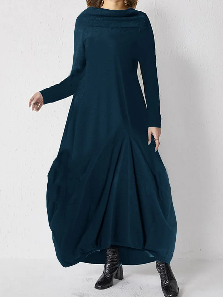 Ursime Cowl Neck Long Sleeve Loose Gathered Midi Dress