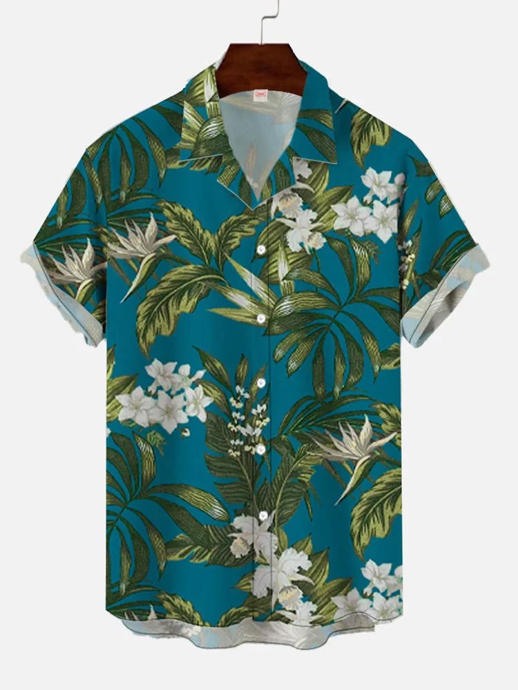 Casual Camp Vacation Blue Floral Hawaiian Cuban Collar Short Sleeve Shirt