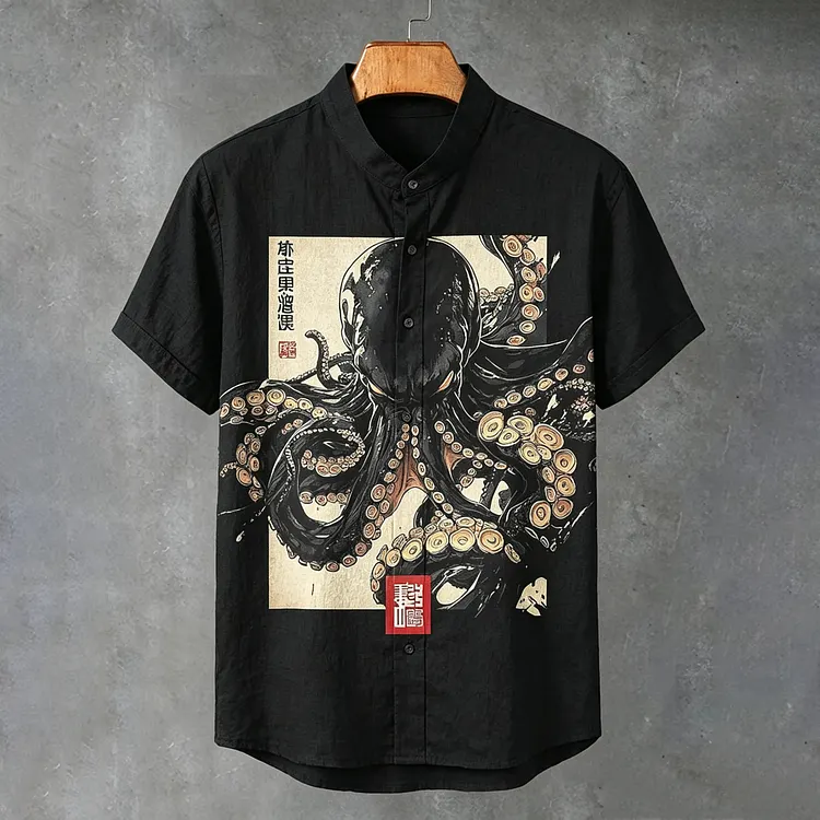 Men's Retro Japanese Octopus Art Print Button Casual Shirt