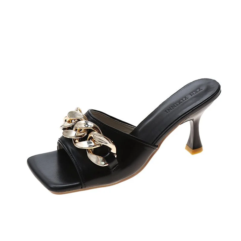 Fashion Chain Design Women Heels Summer Sexy Open Toe  Solid Color Sandals Stiletto 2021 Square Head Luxury Prom Woman Slippers