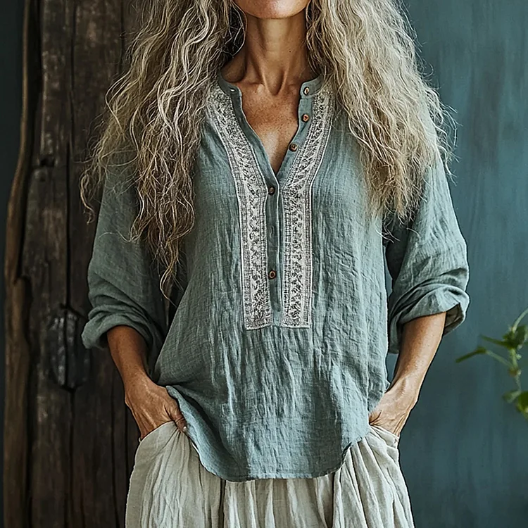 Lunivibe Bohemian Linen Floral Art Print Long Sleeve Shirt