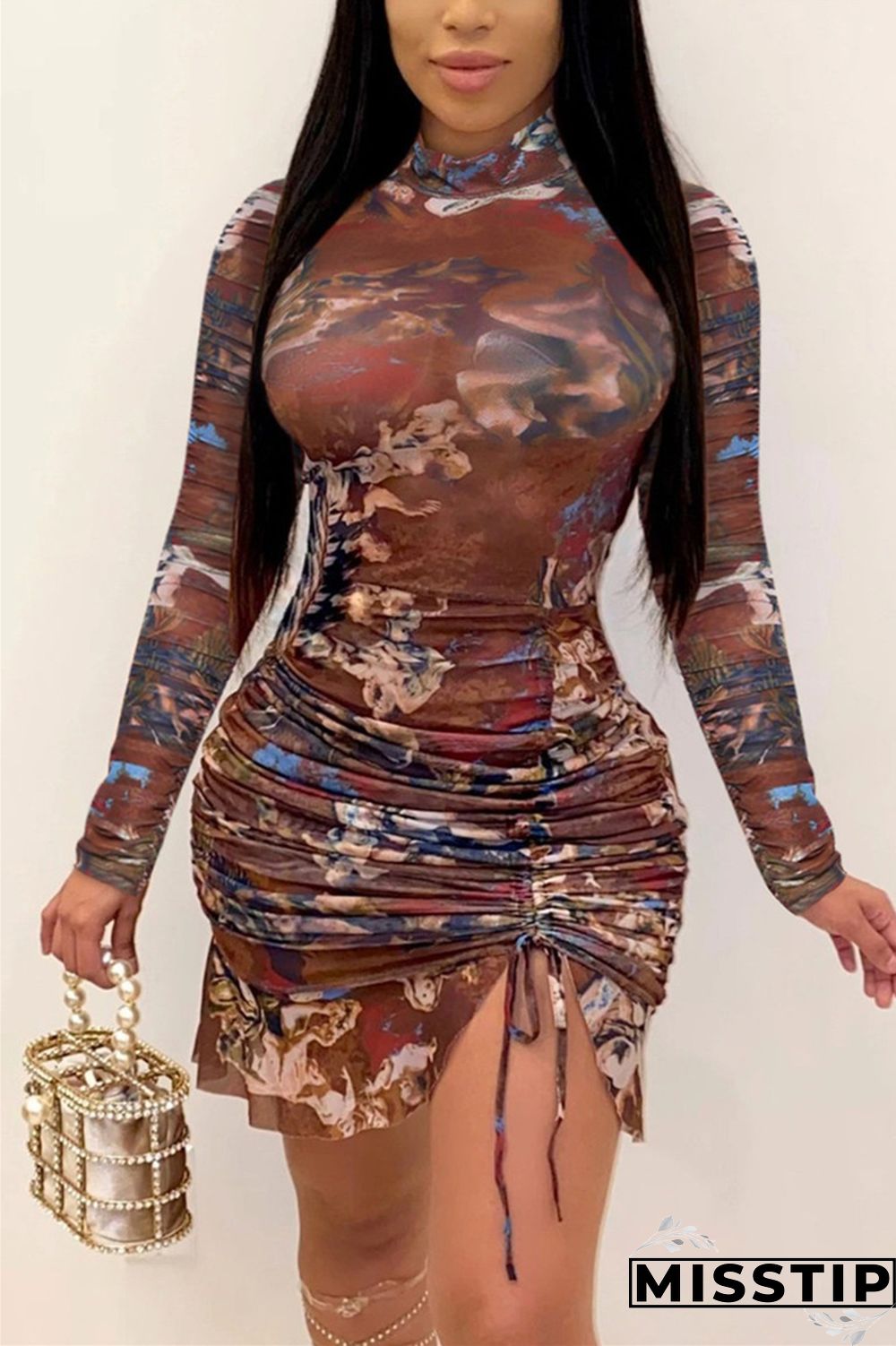Blue Sexy Sleeve Long Sleeve Half A Turtleneck Asymmetrical Mini Print Dresses