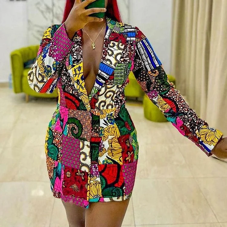 Printed Deep V-Neck Long Sleeve Blazer Dress - IRBOOM Fashion Clothing