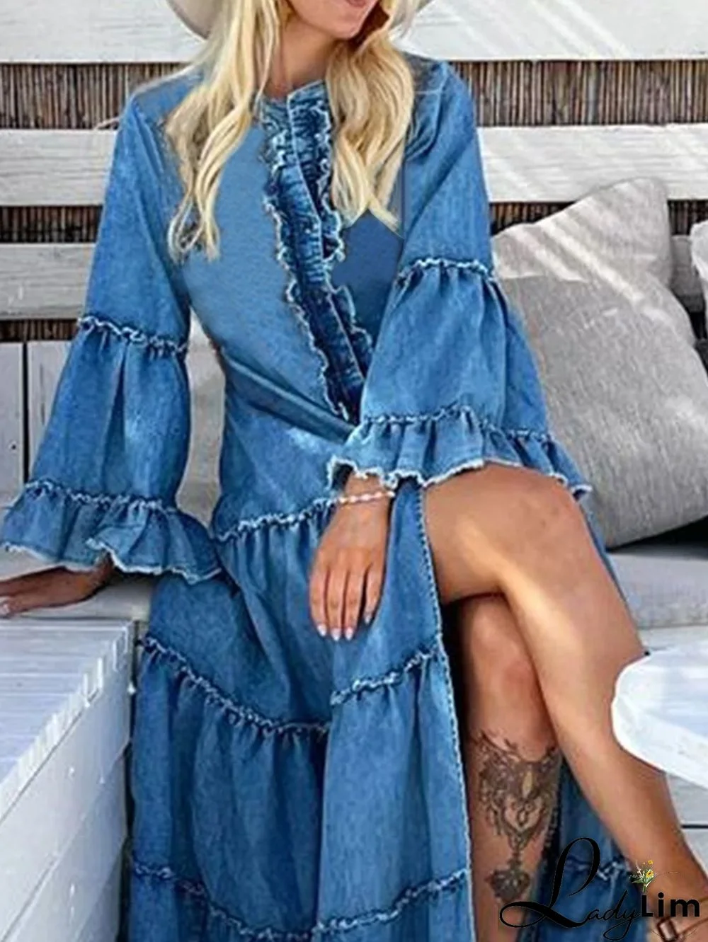 Casual Denim Ruffle Split Tiered Maxi Dress