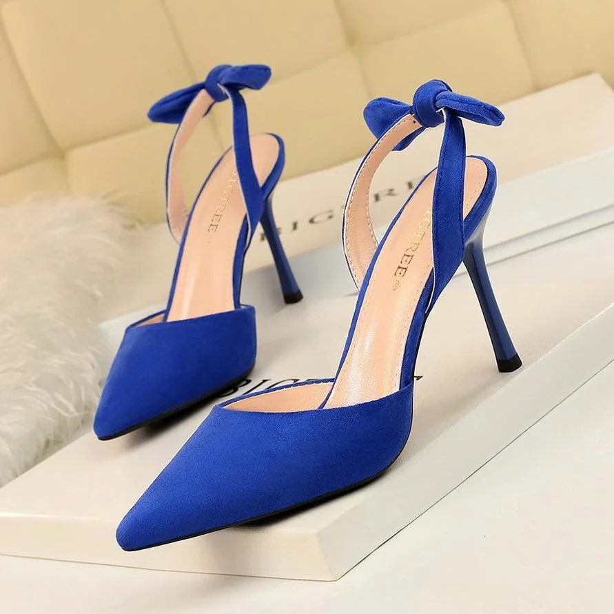 Fashion stiletto suede shallow mouth pointed toe hollow back strap small bow sandals