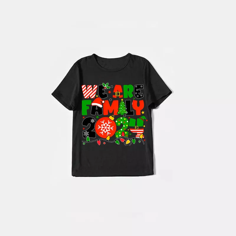 Christmas "We are Family" Colorful Multi-Element Letter Prints Black Short Sleeve with Red & Black Plaid Pant Family Matching Pajamas