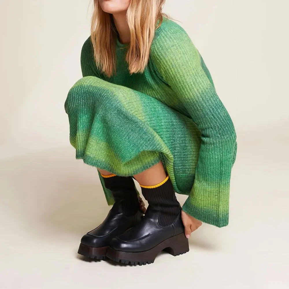 Fashion Black Square Toe Chunky Mid Heel Knit Platform Booties