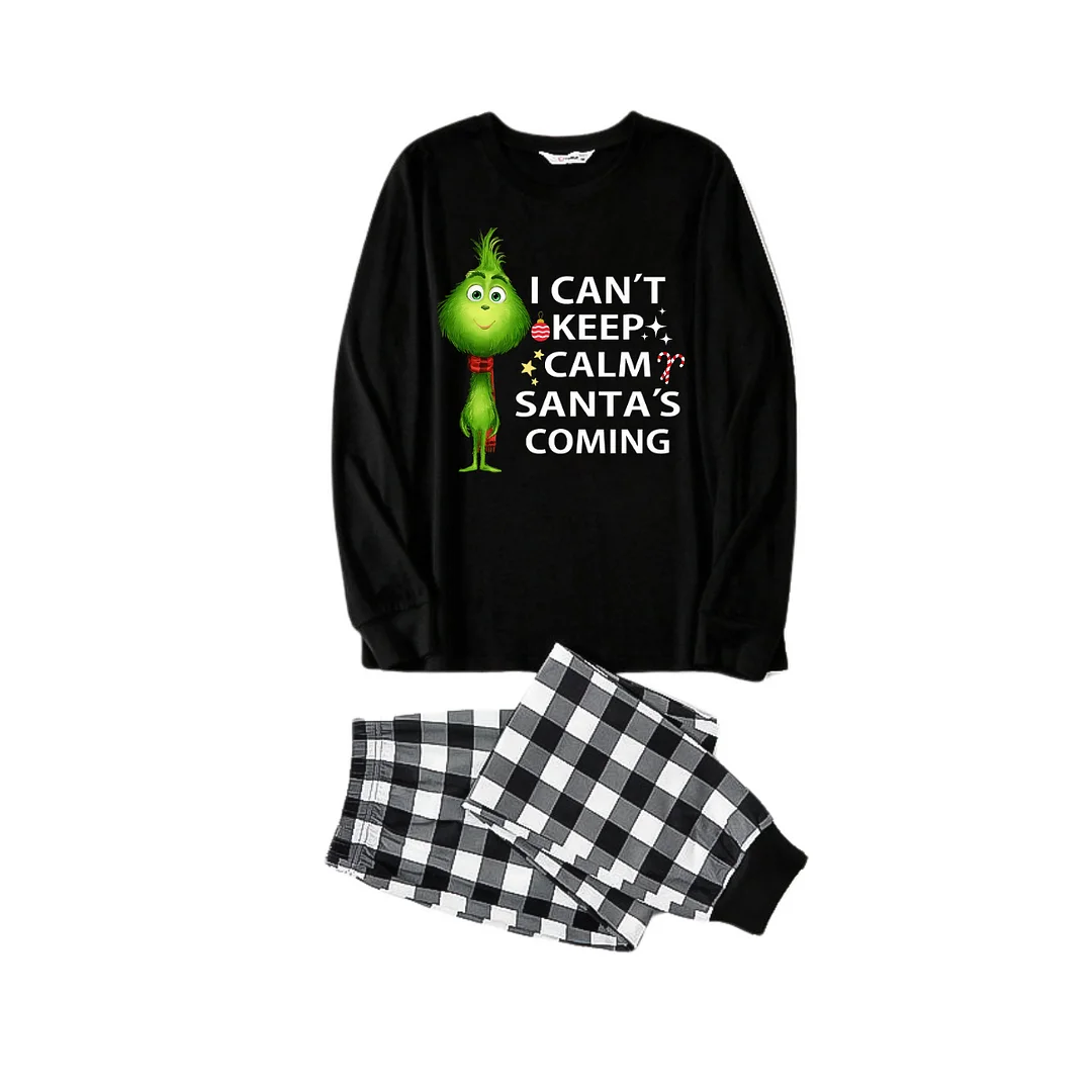 "I Can't Keep Calm, Santa's Coming" Slogan Printed Black and White Plaid Family Matching Pajamas