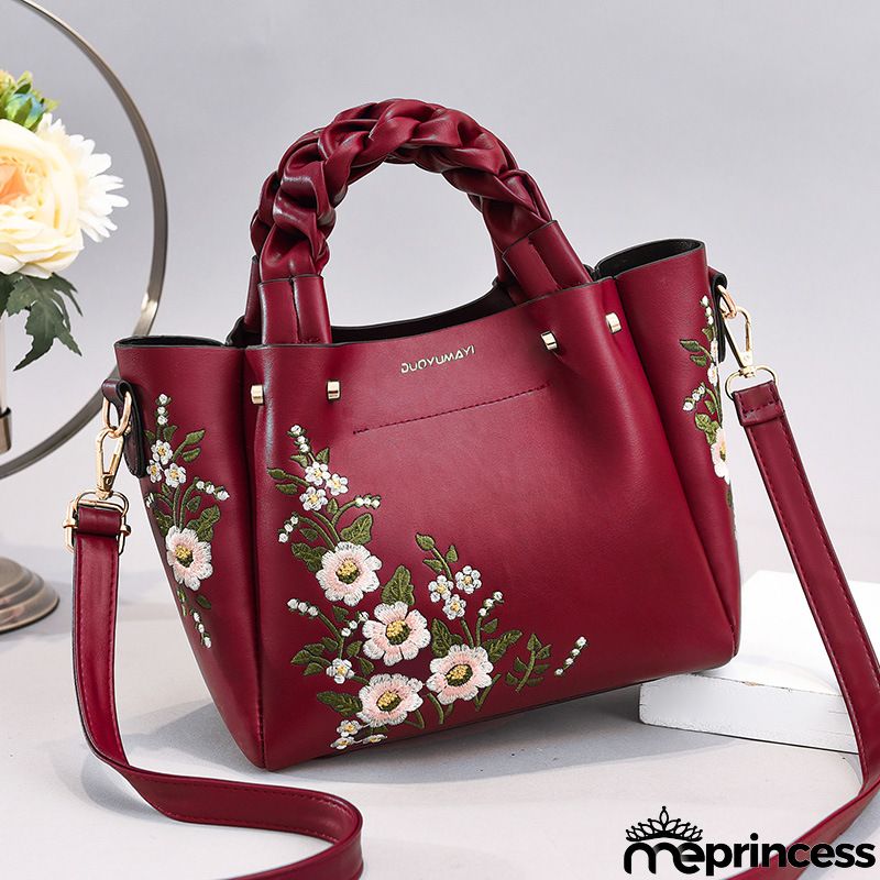 Women Vintage Flower Design Graphic Pattern Solid Color Large Capacity Shoulder Handle Bag