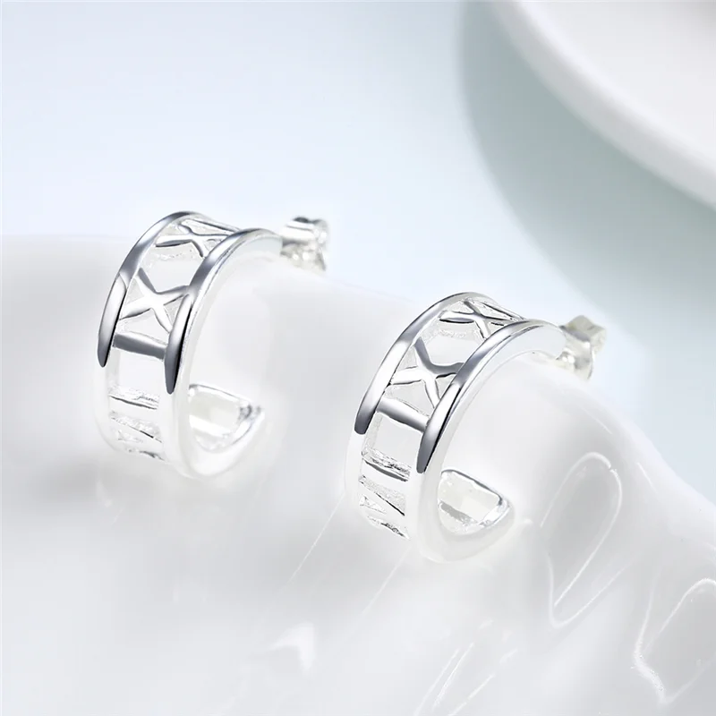 DOTEFFIL 925 Sterling Silver Roman Numerals Stud Earrings For Woman Jewelry