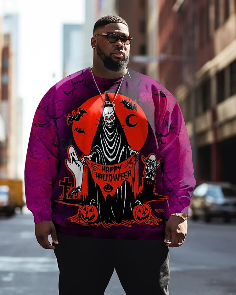 Men's Plus Size Halloween Spooky Skull Pumpkin Sweatshirt