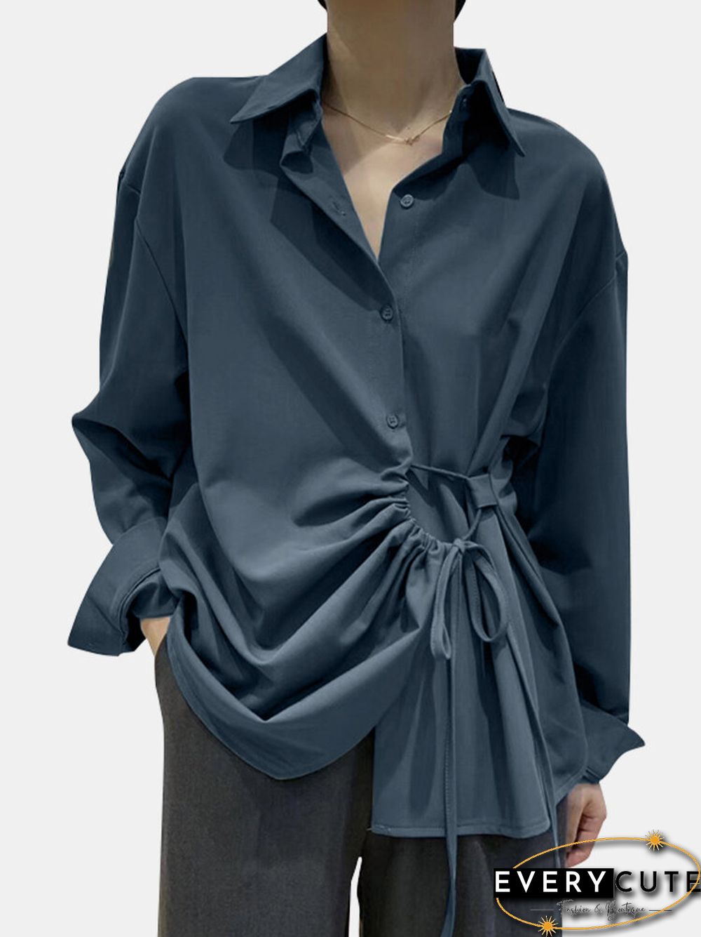 Solid Color Lace Up Turn down Collar Long Sleeve Irregular Shirt P1710631