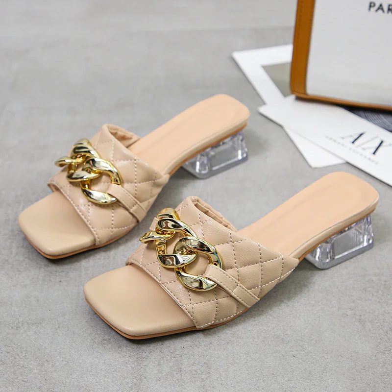 Qengg New Large Size Sandals and Slippers Fashion Chain Plaid High Heel Thick Heel Square Toe Rubber Sandals for Women