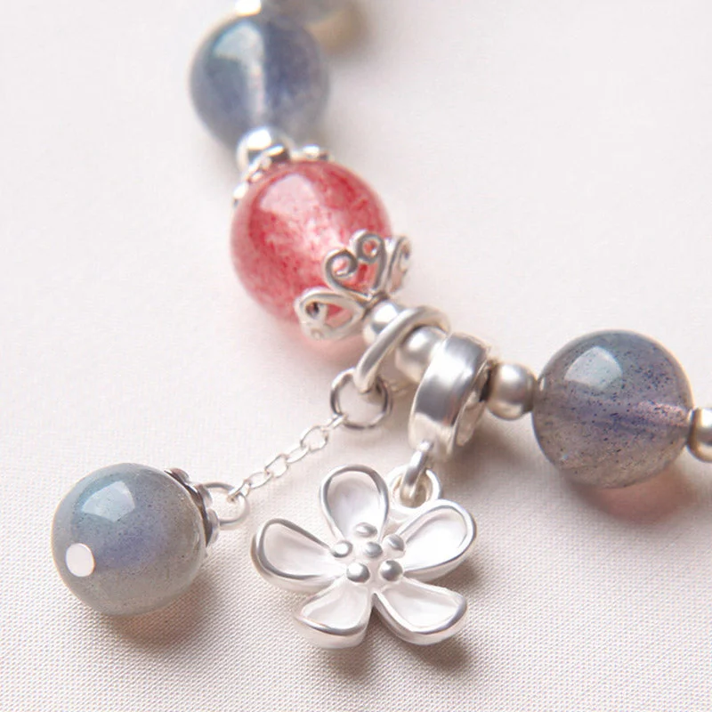 Moonstone Strawberry Quartz Flower Charm Bracelet