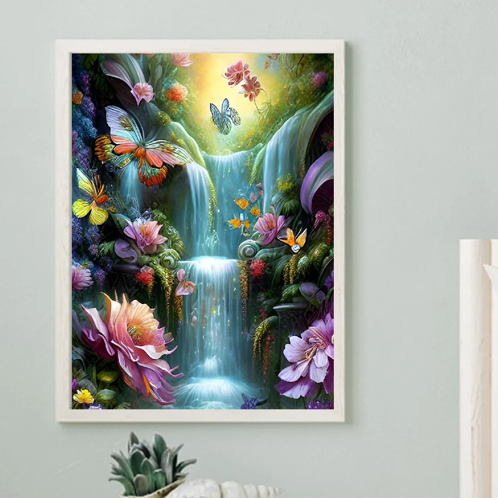 Diamond Painting - Full Round Drill - Flower Butterfly Waterfall(30*40cm)