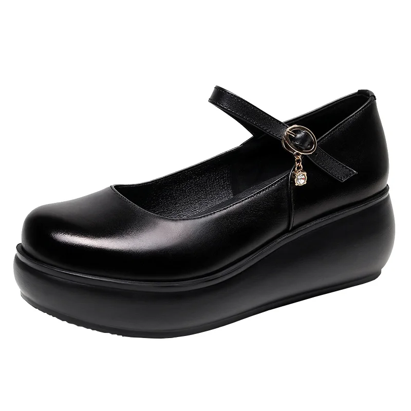 Breakj Breakj Skin Round Head Heel Slope And Shallow Mouth Single Shoes Waterproof Table Casual Leather Shoes Buckle With Loose Cake Thick-Soled Shoes Women Autumn