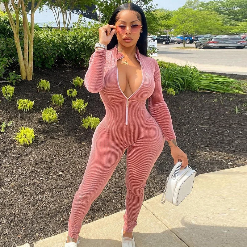 Autumn Pink Turtleneck Zipper Bodycon Jumpsuit Women Ribbed Warm Long Sleeve Pencil Romper Female Casual One Piece Outfits