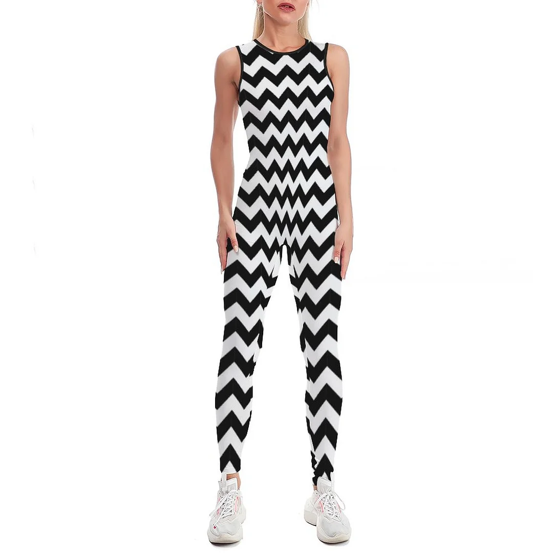 Black And White Chevron Classic Design Bodycon Tank One Piece Jumpsuits Long Pant Retro Yoga Rompers Playsuit for Women
