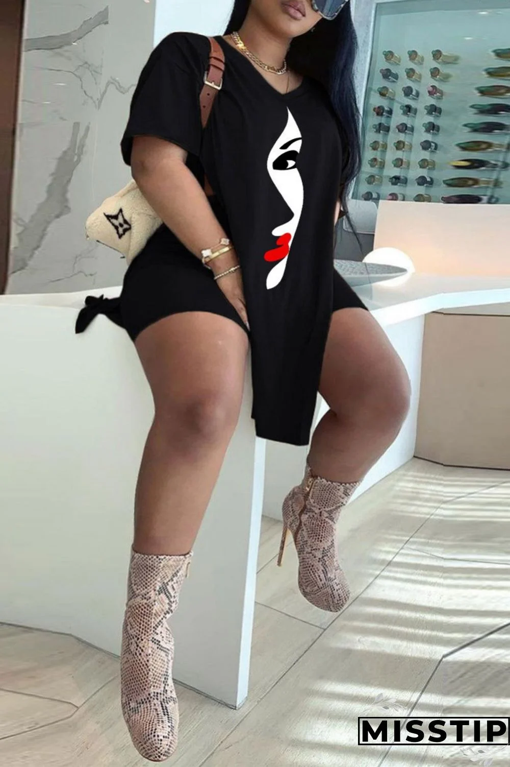 Black White Casual Print Patchwork V Neck Plus Size Two Pieces