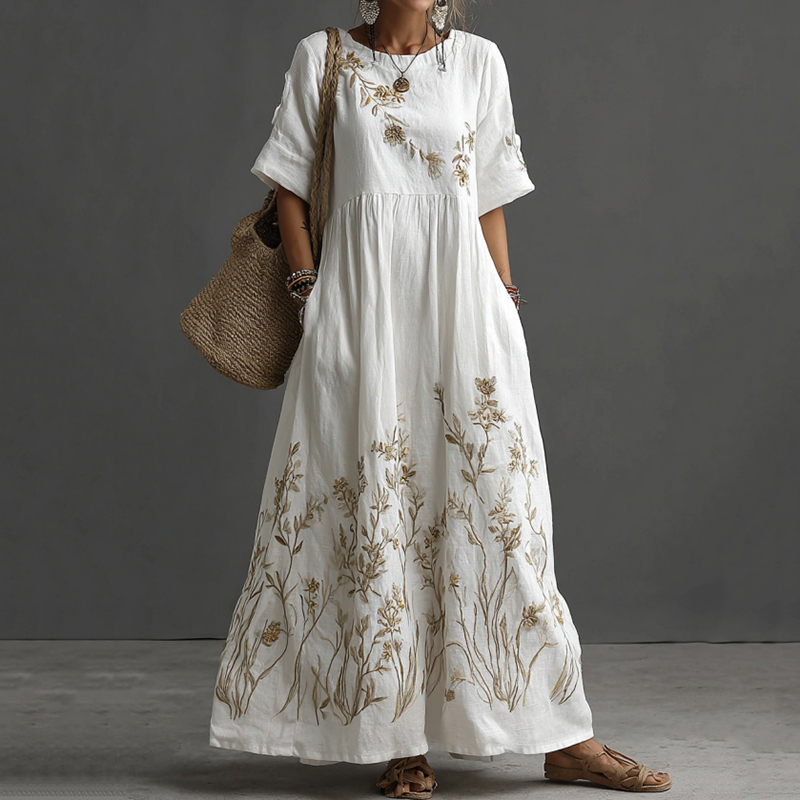 Japanese Floral Art Embroidered Casual Linen Maxi Dress elevenforest