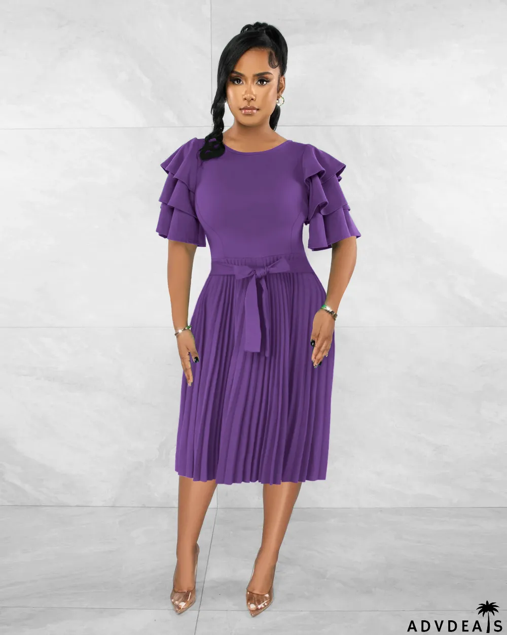 Summer Women Round Neck Ruffle Short Sleeve Pressed Pleated Dress