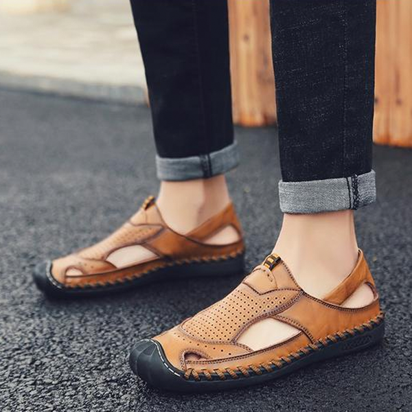 Men's Cow Leather Sandals Summer Beach Flat Non-Slip Sandals