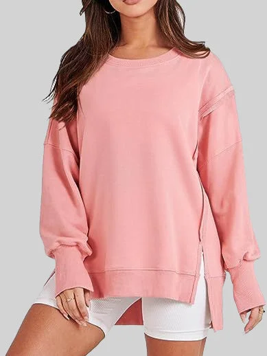 Women's Slit Hem Stitching  Solid Color Scoop Neck Long Sleeve Top