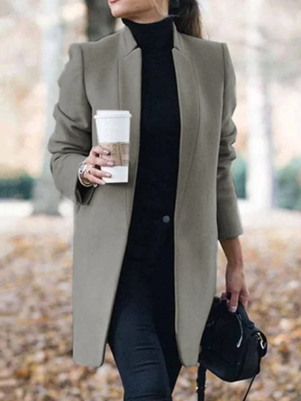 Long Sleeves Solid Color Split-Joint Stand Collar Outerwear Woolen Coat