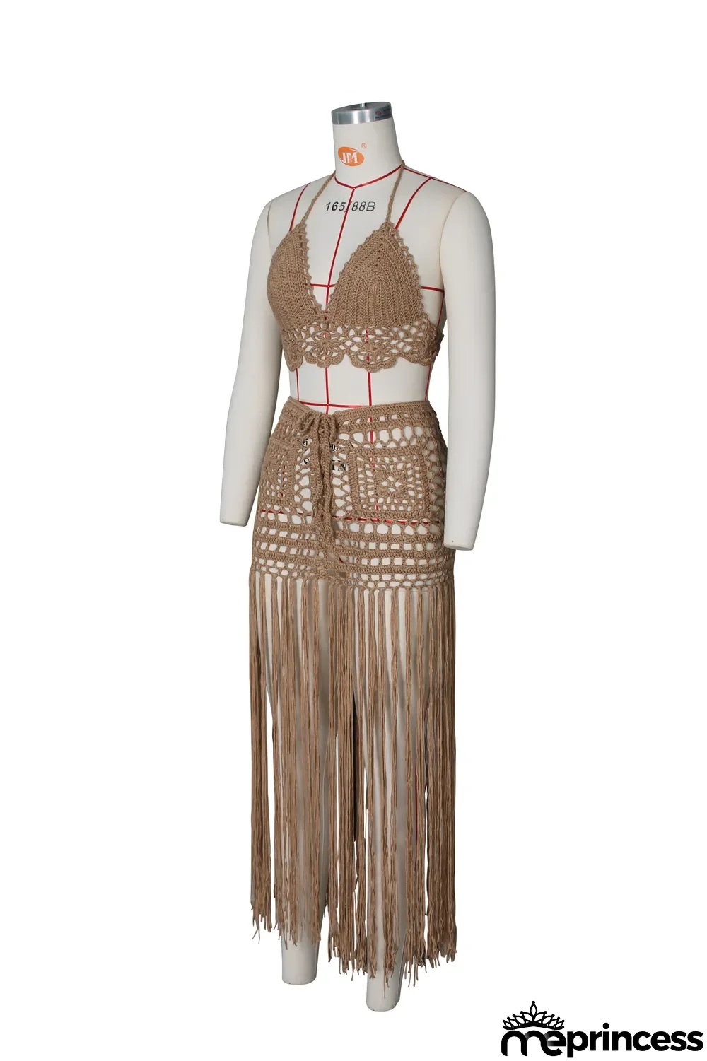 Summer Khaki Crochet Halter Crop Top and Fringe Skirt 2pc Cover-Up