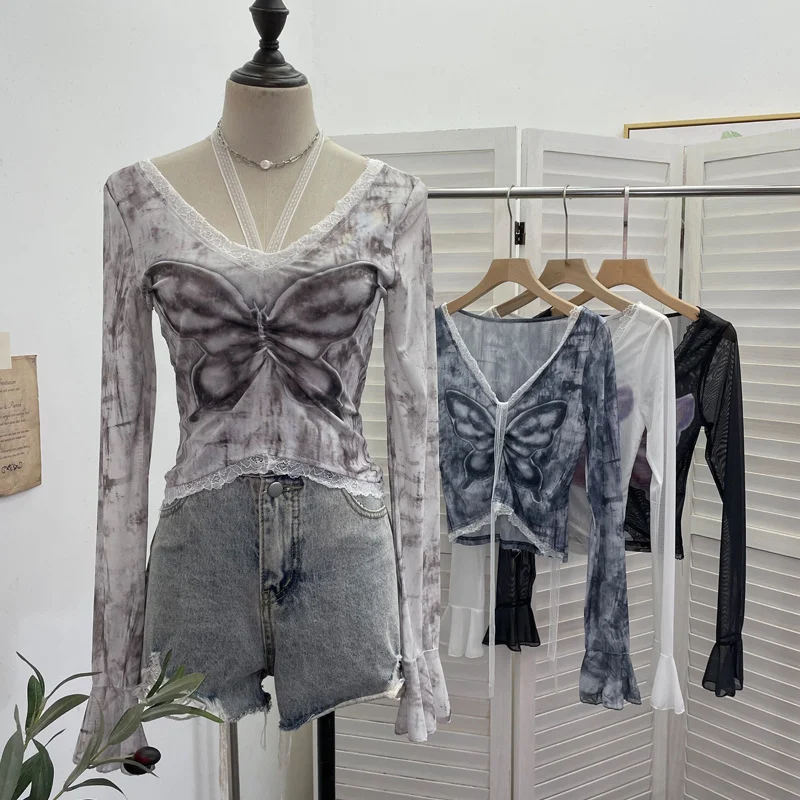 Nigikala Nigikala Shot Micro-Permeable Mesh Butterfly Print Splicing Lace Hanging Neck Horn Long-Sleeved T-Shirt Repair Short Top 1286