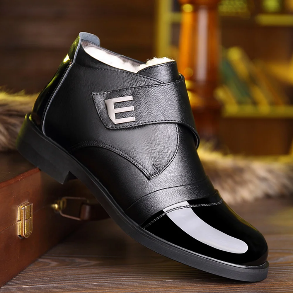 Smiledeer Winter fleece warm glossy leather business casual shoes for men