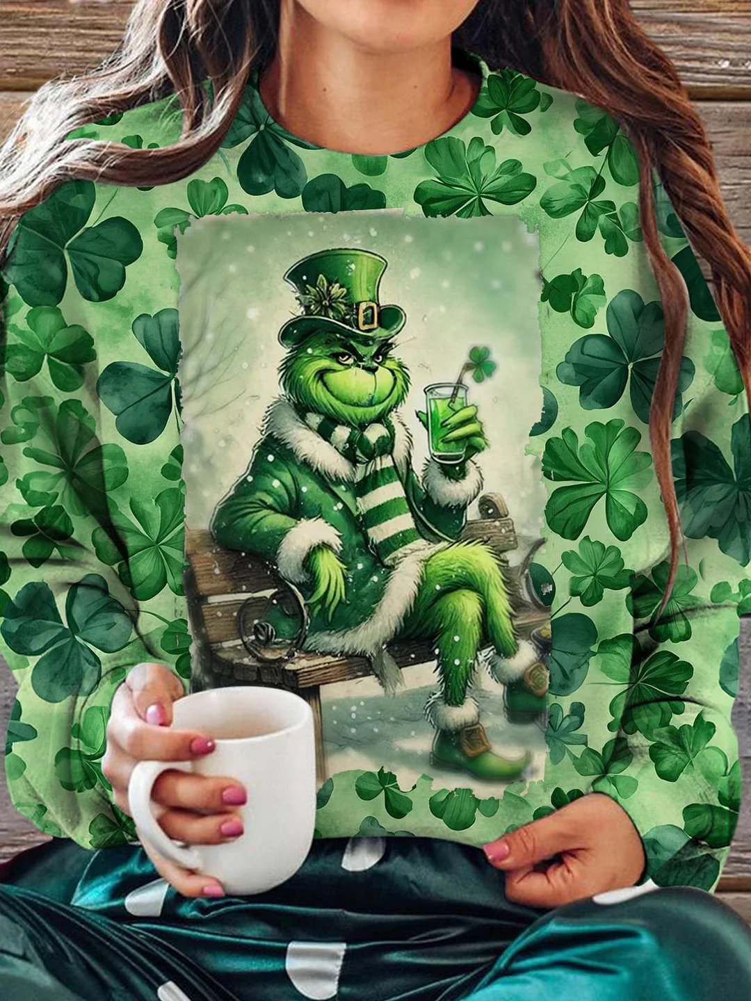 Funny St Patrick's Shamrock Printed Long Sleeve Casual Top