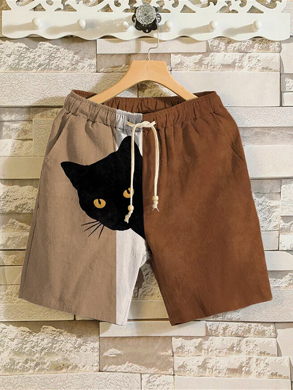 Men's Fun Hide And Seek Black Cat Print Casual Shorts