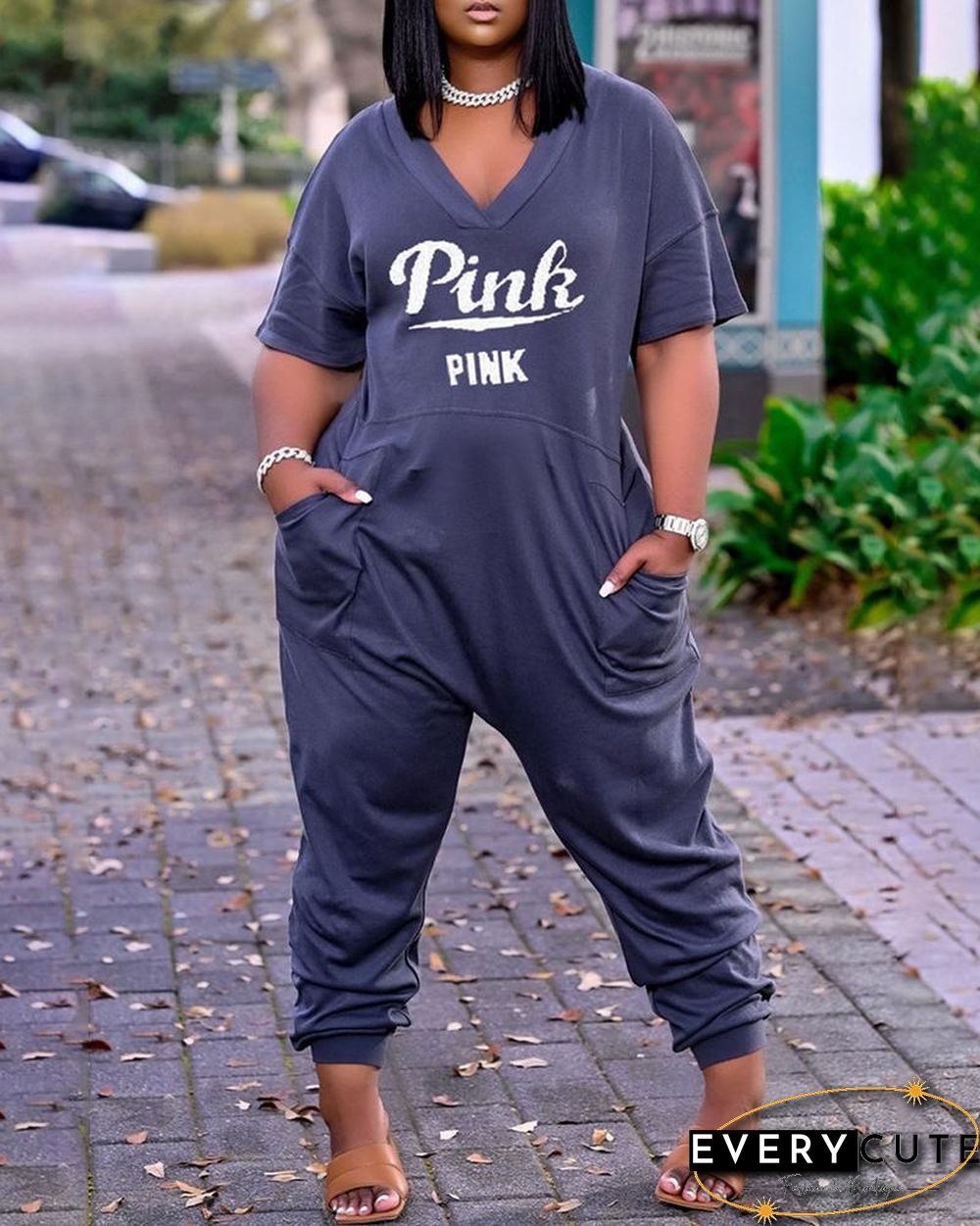 Letter Print V-Neck Short Sleeve Pocket Design Jumpsuit