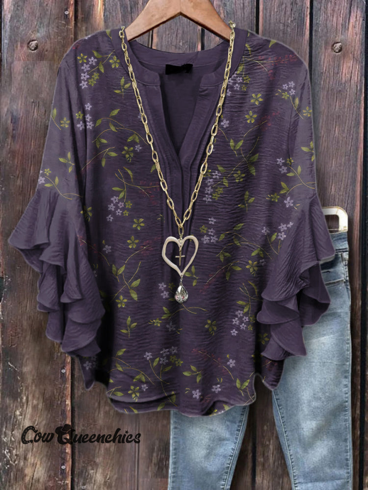 Women&rsquo;s Vintage Floral Graphic Print Casual Ruffle Sleeve Top Purple / S