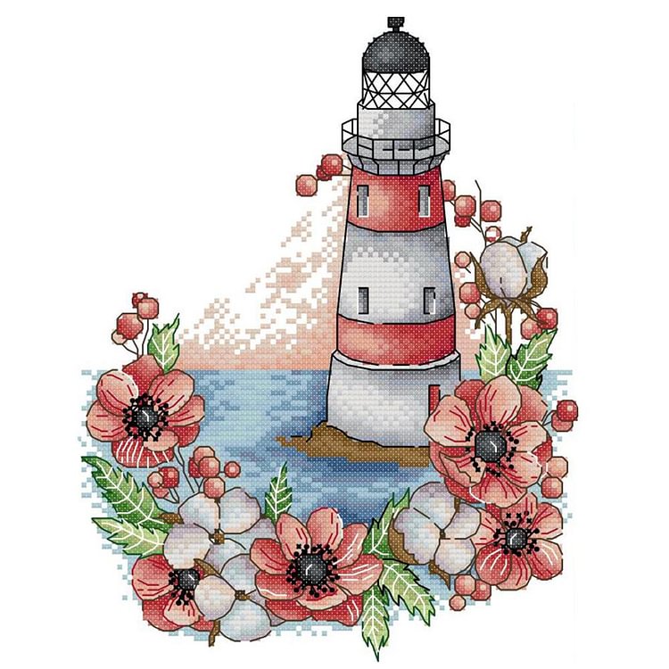 Joy Sunday - Flowers Lighthouse - 14CT 2 Strands Threads Printed Cross Stitch Kit - 22x30cm(Canvas)