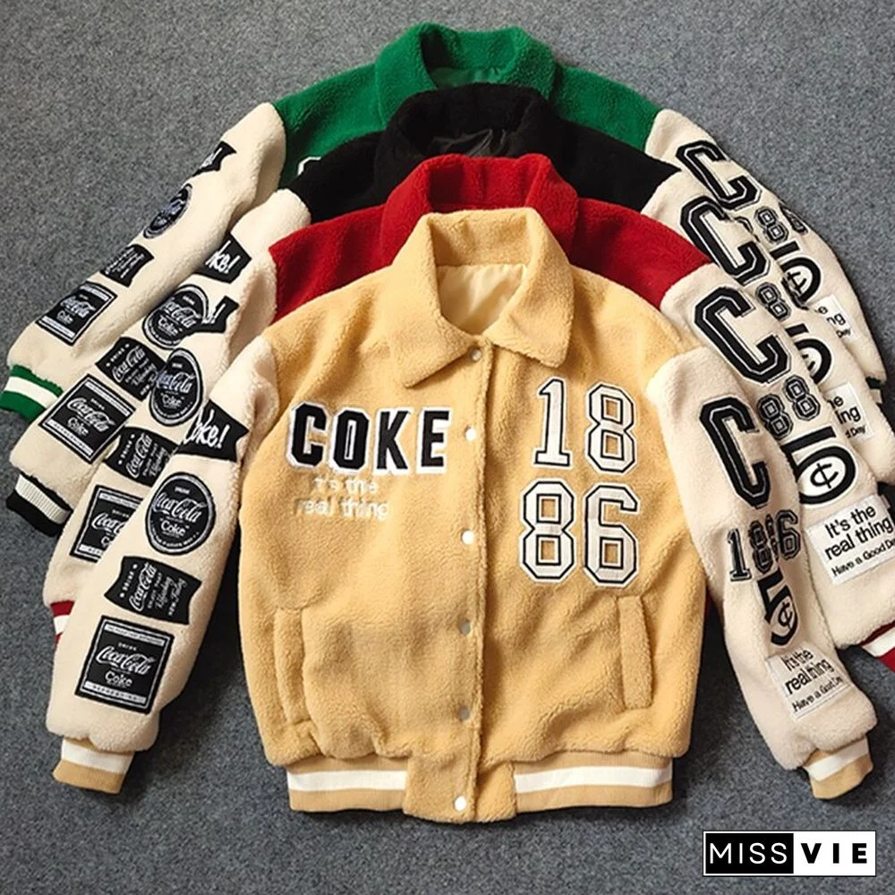 Winter Fall Korean Fashion Faux Lambswool Cropped Jacket Women Letters Patch Designs Colorblock Baseball Uniform Jacket New