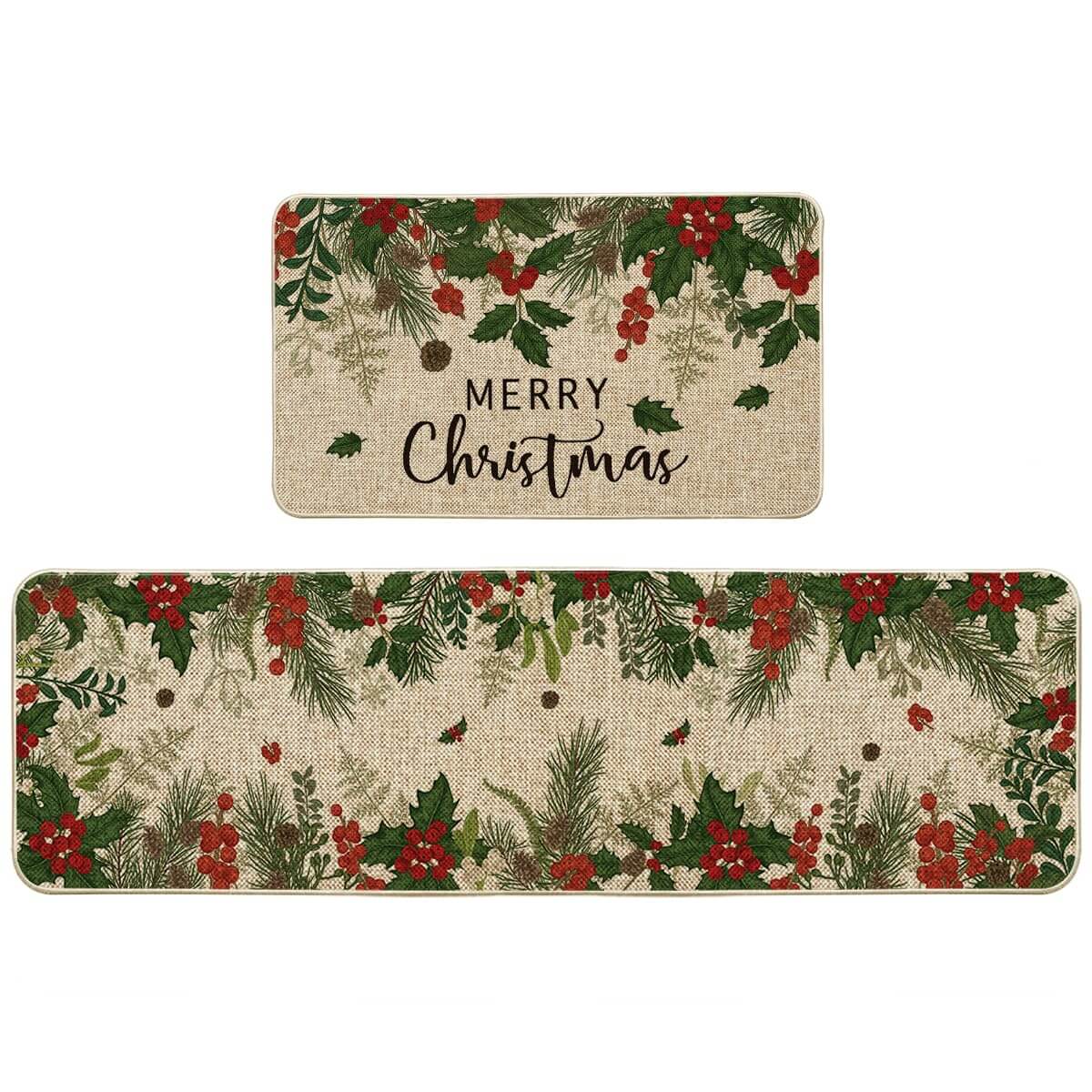 Leaves Holly Merry Christmas Kitchen Mats (2 PCS)