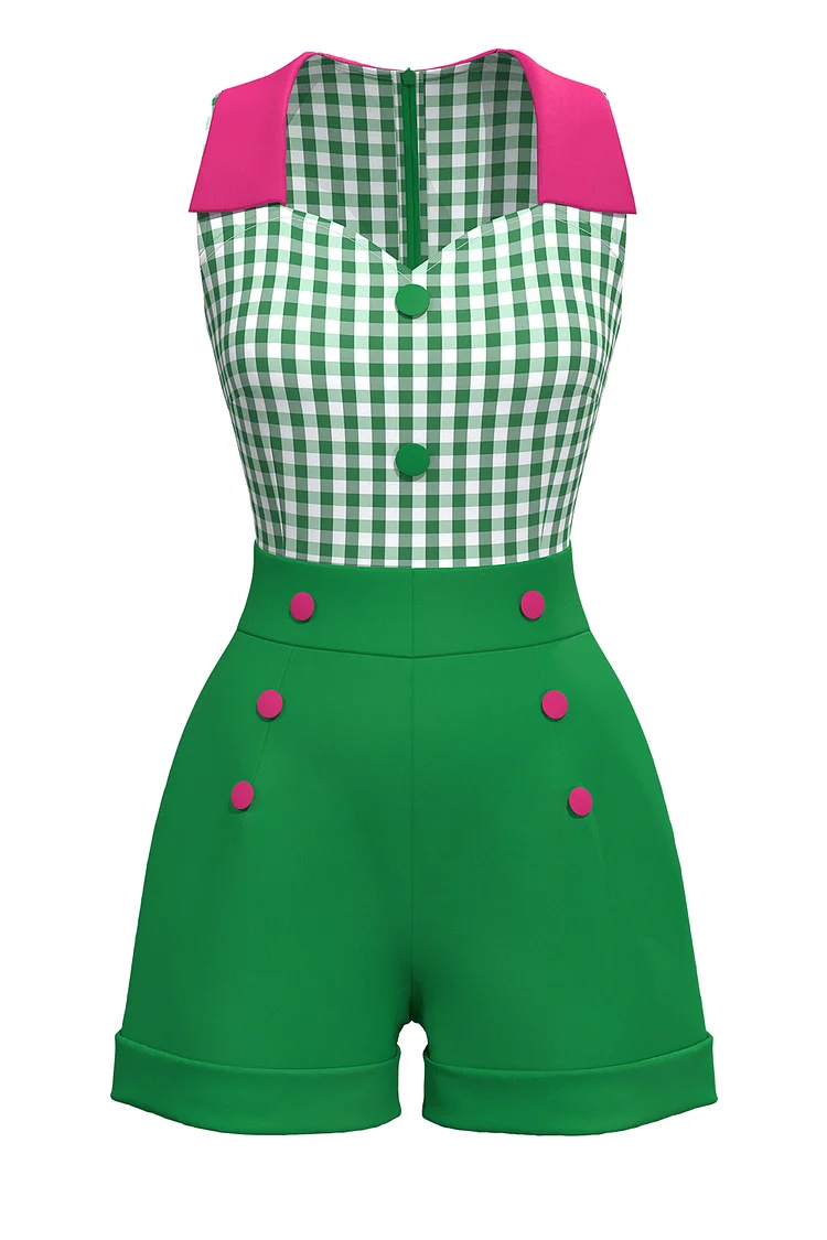 1950s Green Casual Lapel Contrast Color Plaid A-line Jumpsuit [In Stock]