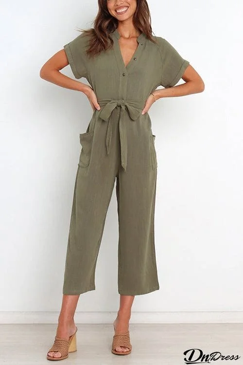 Button  V Neck Tie Front Jumpsuits