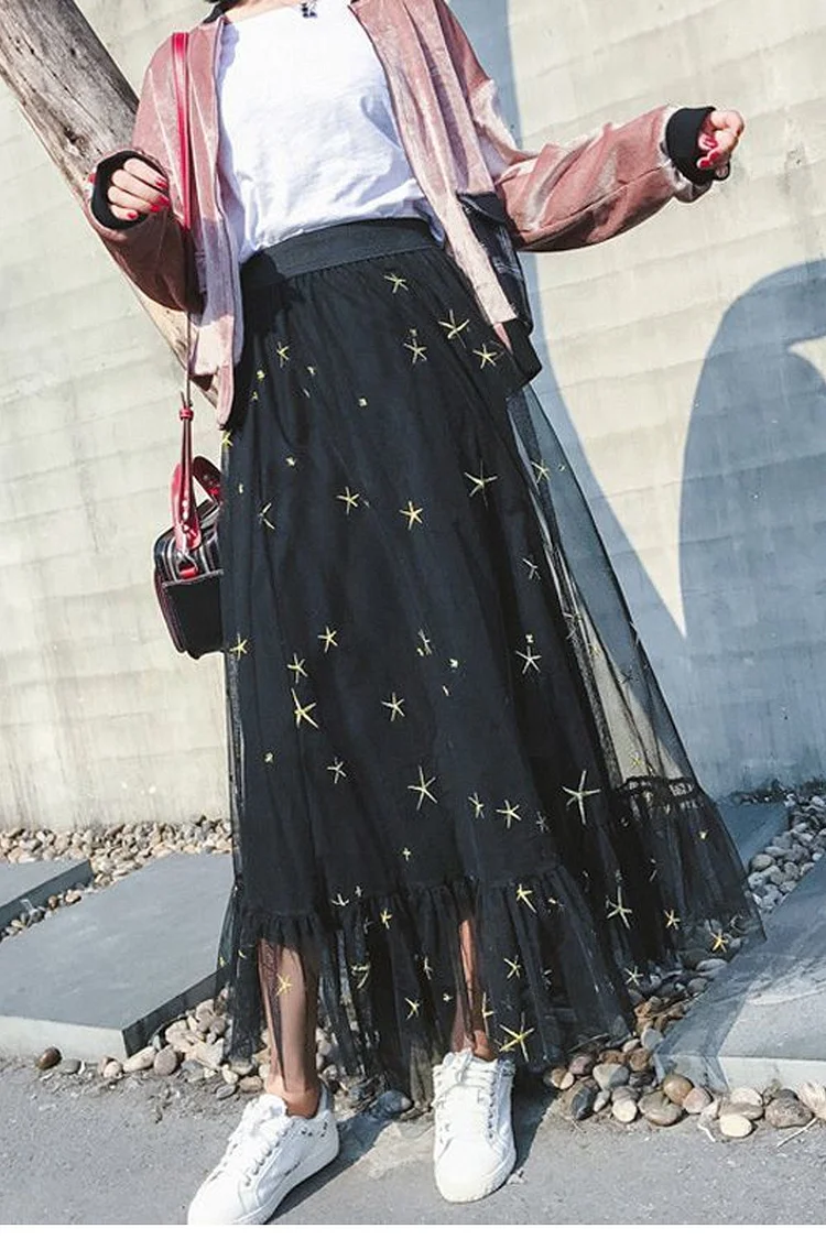 Stars Embroidery Pleated Tulle Skirt