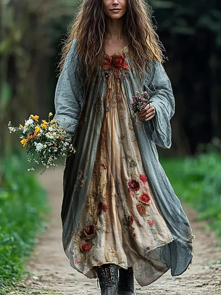 VChics Vintage Roses Floral Flowy Linen Blend Maxi Dress