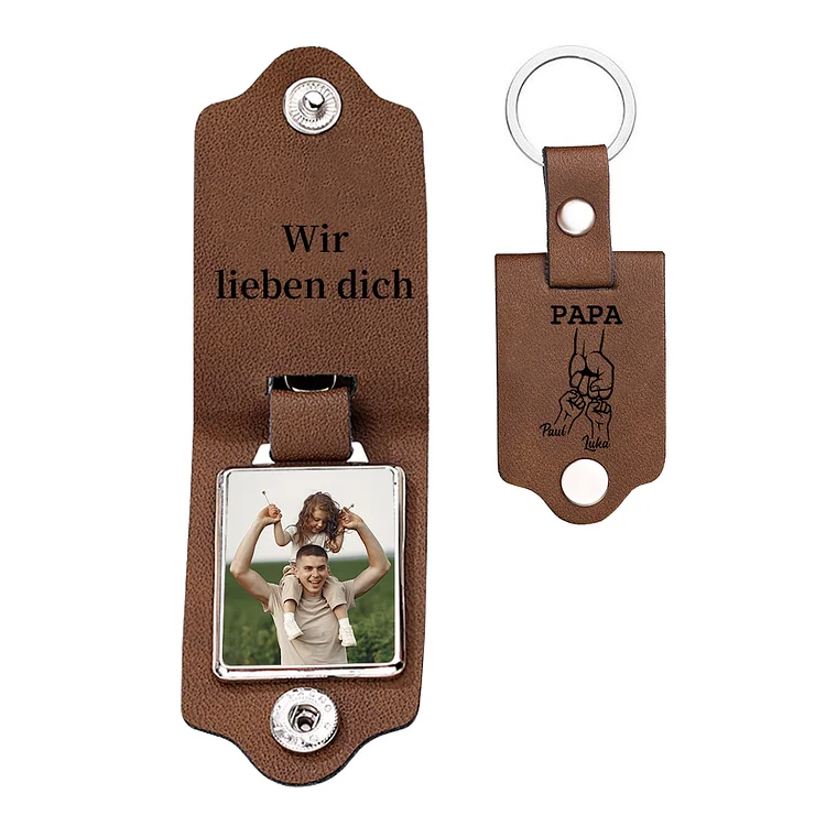 Kettenmachen Personalisiertes Foto & Text & 2 Namen Papa Faust Leder Schlüsselanhänger für Vater