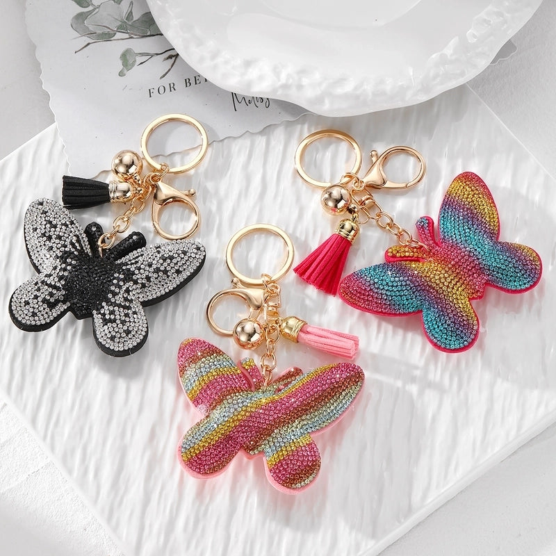 Vintage Style Minimalist Butterfly Pu Leather Alloy Tassel Inlay Rhinestones Bag Pendant Keychain