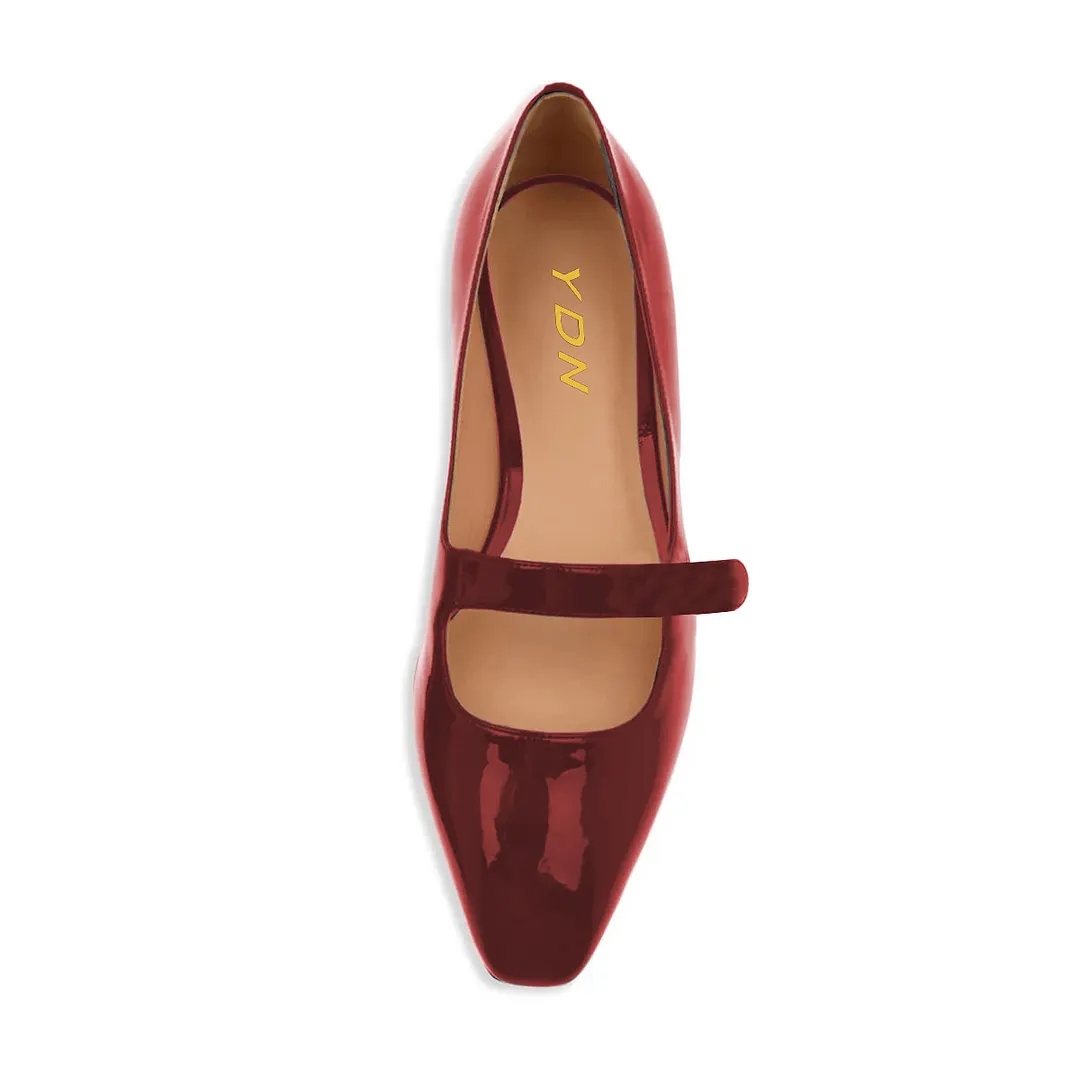 Simple Burgundy Patent Leather Square Toe Flat Shoes for Women